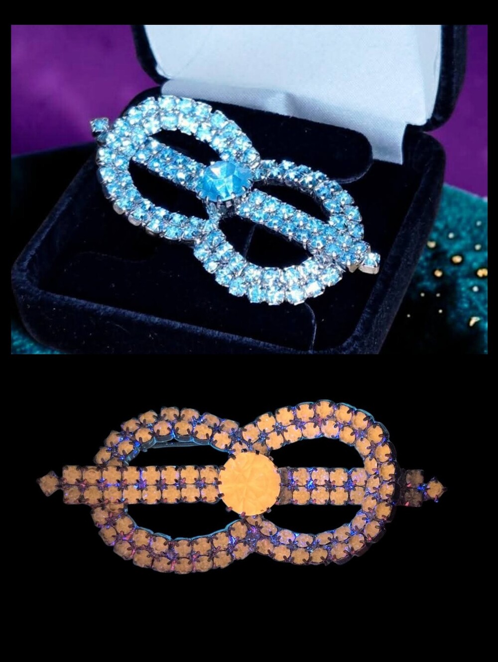 Vintage Mid-Century Blue UV Reactive Rhinestone Intertwined Bow Brooch